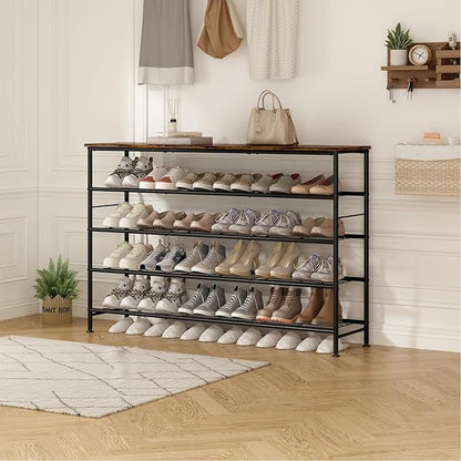 SUOERNUO Shoe Rack 5 Tier Shoe Storage Organizer Metal Mesh Shelves with MDF Top Board for Entryway, Hallway, Closet,Bedroom，Living Room (Black+Rustic Brown, Large 5 Tier)