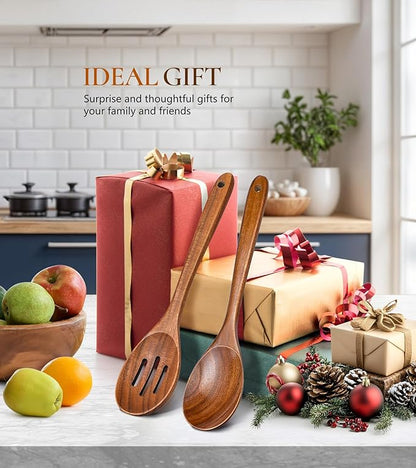 2Pcs Wooden Spoons for Cooking, Natural Premium Teak Wooden Spoon & Slotted Spoon, Good Grip Large Cooking Spoons Spatula, Heat Resistant Wooden Kitchen Cooking Utensils Set for Nonstick Cookware