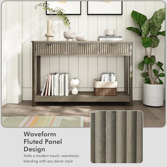 Fluted Console Table with Drawers, Modern 47.1" Entryway Table with Storage Shelf, Boho Narrow Skinny Behind Couch Wood Sofa Table for Living Room Hallway Entrance Foyer,Washed Oak