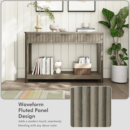 Fluted Console Table with Drawers, Modern 47.1" Entryway Table with Storage Shelf, Boho Narrow Skinny Behind Couch Wood Sofa Table for Living Room Hallway Entrance Foyer,Washed Oak