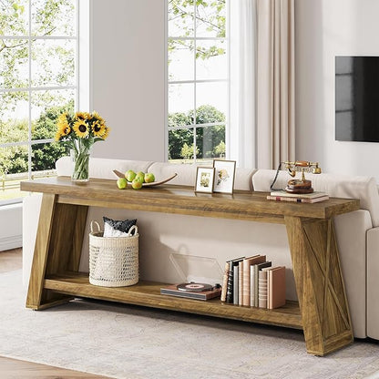 70.87-Inch Console Table for Entyrway, Extra Long Sofa Table Behind Couch, Farmhouse 2-Tier Entry Table for Hallway, Foyer, Oak Color