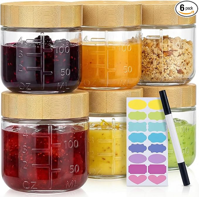 HomArtist 4oz Glass Salad Dressing Containers with Bamboo Lids - 6 Pack Small Airtight Condiment Cups, Leakproof Mini Sauce Jars for Picnic, Ketchup, Dip & Snacks, BPA-Free & Dishwasher Safe