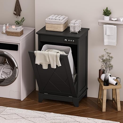 Single Tilt Out Trash Can Cabinet with Negative Ion Odor Control, Hidden 10-Gallon Recycling Cabinet, Dog Proof Garbage Can for Kitchen, Laundry, Dining Room, Black