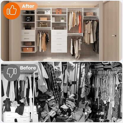 ROOMTEC Modular Closet System, 102" Wall-Mounted Closet Organizer with Hanging Rods, Modern Wooden Tower for Walk-In Closets, Wardrobe Storage Kit, White