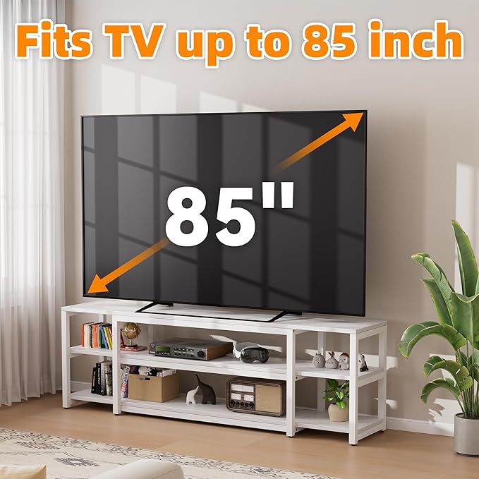 Aquzee White TV Stand for up to 85inch, Entertainment Center for 70 75 80 85" TV, 75.2" Wide Wood Television Console Table for Living Room Bedroom Gaming Room