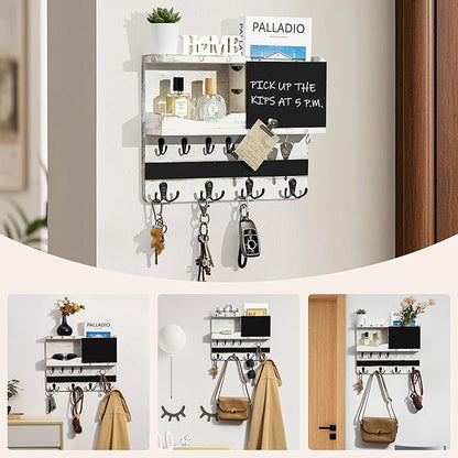 Key Holder for Wall Mount with Shelf and Mail Organizer, Key and Mail Holder with 16 Hooks, Farmhouse Entryway Organizer, Home Decor Rack (Pine Wood, White Washed)