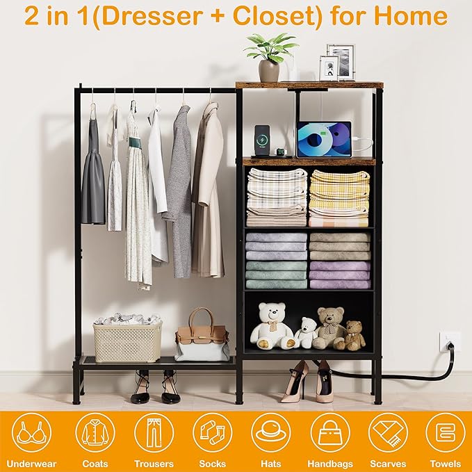Dresser for Bedroom with Hanging Rack, 3 Drawers Closet with Charging Station, Faric Chest of Drawers with Clothes Rack, Storage Organzier for Hallway Entryway, Brown