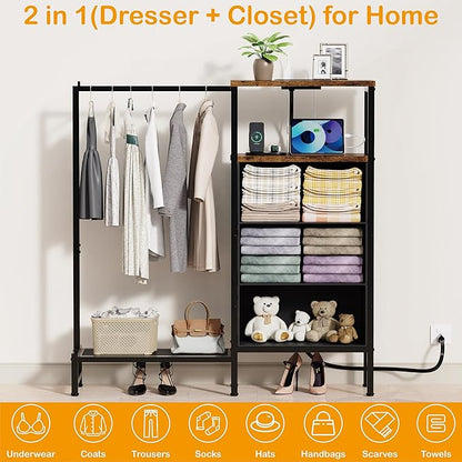 Dresser for Bedroom with Hanging Rack, 3 Drawers Closet with Charging Station, Faric Chest of Drawers with Clothes Rack, Storage Organzier for Hallway Entryway, Brown