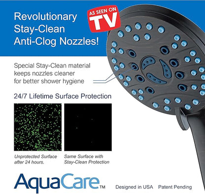 Hotel Spa AquaCare High Pressure 8-mode Handheld Shower Head, Anti-clog Nozzles - Built-in Power Wash to Clean Tub, Tile & Pets, Extra Long 6 ft. Stainless Steel Hose, Wall & Overhead Brackets