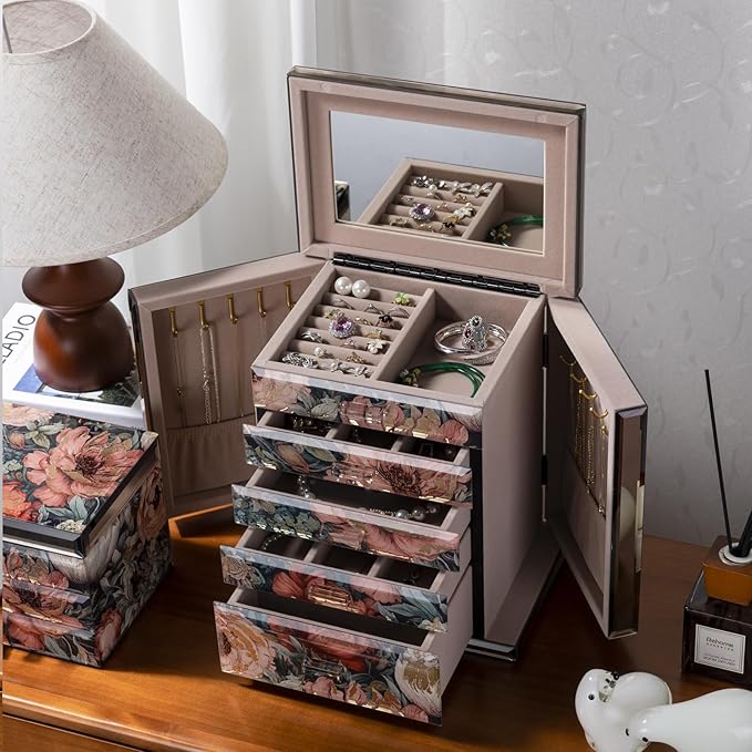 High End Glass Jewelry Box - 5 Layer Jewelry Organizer with 2-Sided Doors and Mirror - Velvet-Lined Organizer For Ring, Necklace, Earring, Bracelet Storage - Christmas Gifts For Women