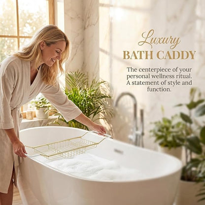 Cabilock Luxury Stainless Steel Bathtub Caddy Tray - 24.8in Expandable Modern Bath Rack for Tub with Wine Glass & Book Holder - Rustproof Shower Organizer & Tablet Stand for Home Spa, Gold