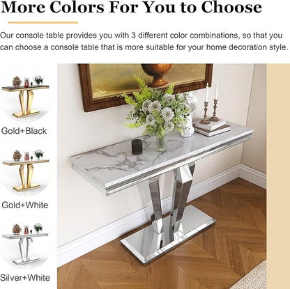 47 inch Silver Console Table, Modern Entryway Table with Diamond-Shaped Metal Base for Entrance, Hallway, Living Room (White Faux Marble & Silver)