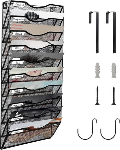 Wall File Organizer, 10 Tire Hanging File Folder Mail Organizer, Vertical Mesh Metal Door/Wall Mount Hanging File Holder, Paper Document Magazine Rack with Hooks for Home Office Black