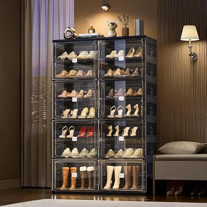 JEKO&JEKO 9-Tier Foldable Shoe Storage Cabinet with Magnetic Doors, Large Stackable Shoe Organizer Cabinet for Entryway, Clear Front Door Shoe Boxes Hold Up to 36 Pairs (Black)
