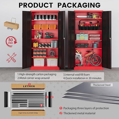 Letaya Metal Storage Cabinets with Lock, 71" Tall Locker Organizer Steel Cabinets, Adjustable Shelves 2 Doors for Home, Office, Warehouse,Garage,Industrial,Employee Lockers (Style B, Black Red)