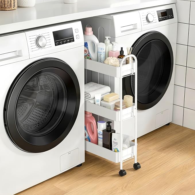 Slim Rolling Cart, Metal Frame Utility Rolling 3-Tier Narrow Storage Cart with Handle Kitchen Storage Organizer, Mobile Shelving Unit for Bathroom Kitchen