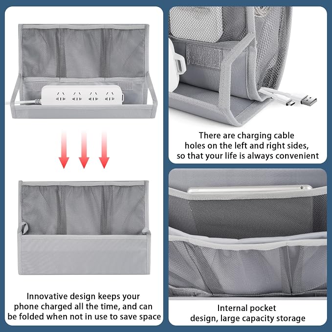 Bedside Storage Organizer with Power Strip Holder and Adjustable Straps Bed Hanging Bag for Home Bunk Bed Dorm Sofa (Light Gray)