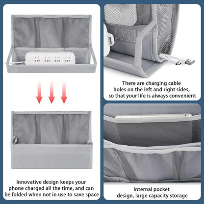 Bedside Storage Organizer with Power Strip Holder and Adjustable Straps Bed Hanging Bag for Home Bunk Bed Dorm Sofa (Light Gray)