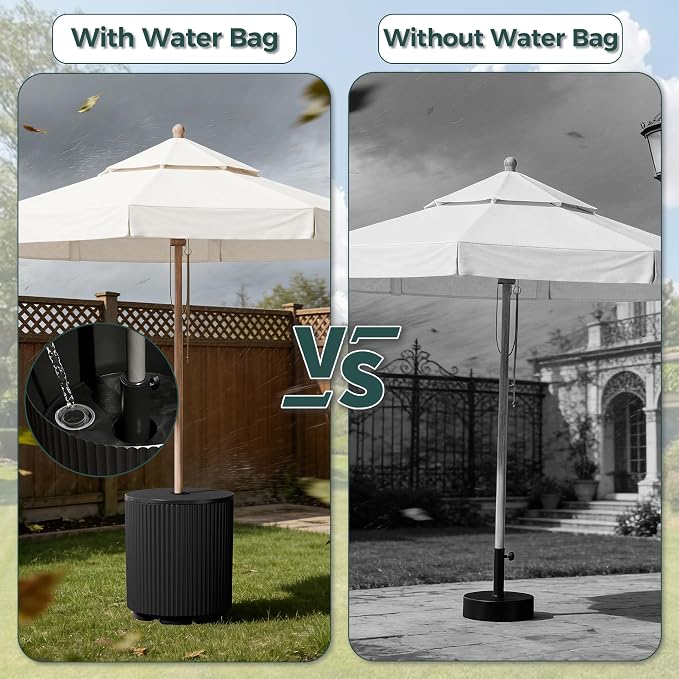 Outdoor Umbrella Stand with Hole, in Pool Umbrella Stand with Weighted Water Filled Bladder, Fluted Vertical Ribbed Design, All Weather Umbrella Side Table Base, Patio Umbrella Base, Black