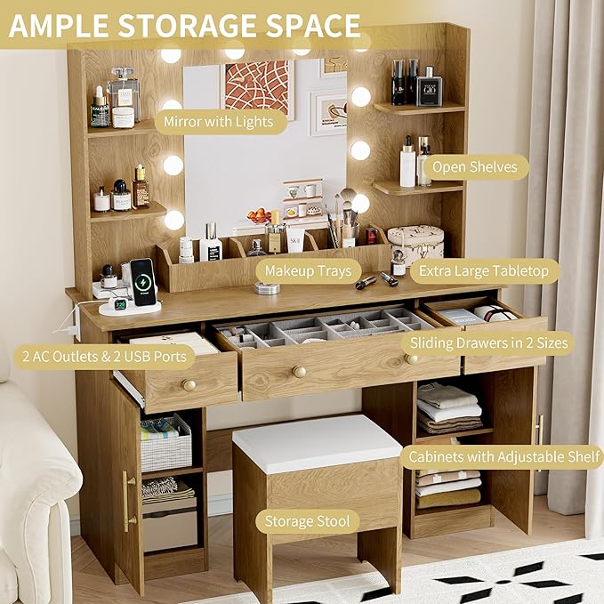 Vanity Desk with Mirror and Lights, 43'' Oak Makeup Dressing Table Set with 5 Drawers & Chair, Power Outlet, 3 Lighting Modes Adjustable Brightness & RGB LED for Women Girls Bedroom Bathroom