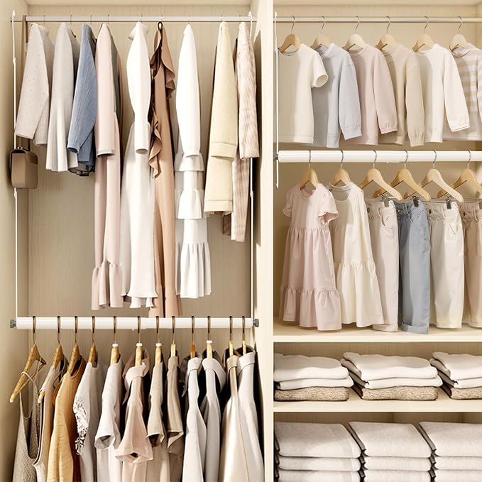 STORAGE MANIAC Adjustable Closet Rod for Hanging Clothes, 2 Pack White | Expandable 17.9"-29.7" Heavy-Duty Metal Closet Hanging Rod with 9 Height Adjustments, Space-Saving Double Closet Organizer