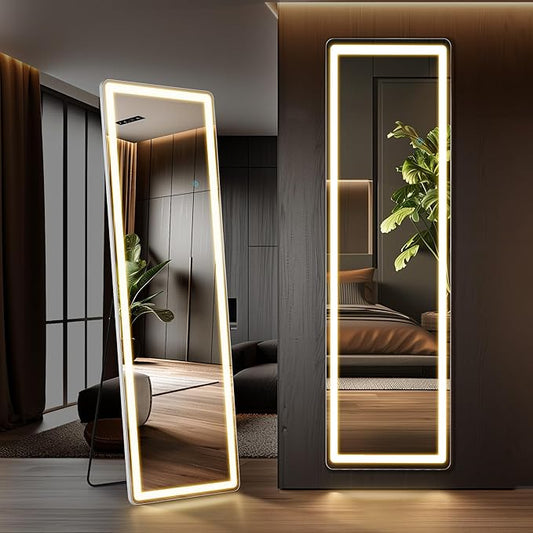 OLIXIS 16"x 60" LED Full Length Mirror with Lights, Standing Lighted Floor Full Body Mirror with 3 Color Lighting, Wall Mounted Mirrors for Bedroom, Bathroom, Entryway with Tempered Glass