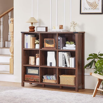9 Cube Bookcase, Farmhouse 47 Inch Wide Brown Walnut Bookshelf, Wooden 3 Tier Display Large Open Book Shelf, Vintage Horizontal Book Case for Home Office, Cubby Storage Cabinet for Living Room
