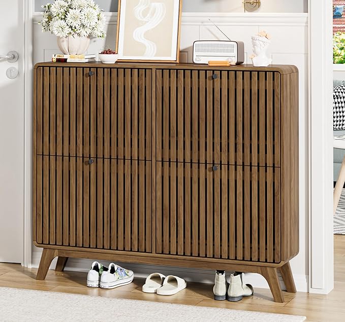 Large Shoe Cabinet for Entryway, Bamboo Narrow Shoe Cabinet Storage with 4 Flip Drawers, Slim Fluted Shoe Rack Organizer for Entry Way, Hallway, Thin, Skinny, Wood, Walnut