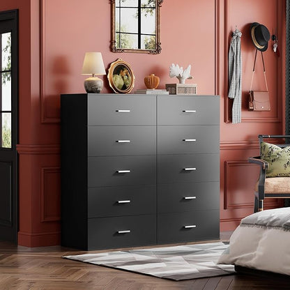 WLIVE Tall Dresser for Bedroom, Wood Chest of Drawers with Mental Handles, Black Bedroom Dresser with 5 Drawers, Modern Minimalist Closet Store Organizer for Living Room, Hallway
