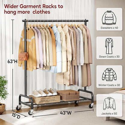SLEEPING LAMB Heavy Duty Clothing Racks for Hanging Clothes Rack, 43" Wide Rolling Garment Rack Metal Clothing Hanger Rack with Wheels Wardrobe Rack for Coats, Shirts, Dress, (Black)