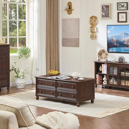 48" Farmhouse Coffee Table with Hidden Storage,Wooden Coffee Tables with 4 Drawers & Roman Column Handle,Rectangular Rustic Center Table with Solid Wood Curved Base for Living Room,Office,Walnut