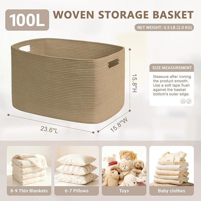 SunNewt 100L Extra Large Wicker Laundry Basket for Living Room Storage,Boho Woven Cotton Rope Baskets for Kids Toy,Gifts,Square Blanket Hamper for Bedroom Dirty Clothes,Jute