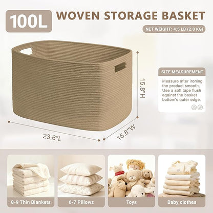 SunNewt 100L Extra Large Wicker Laundry Basket for Living Room Storage,Boho Woven Cotton Rope Baskets for Kids Toy,Gifts,Square Blanket Hamper for Bedroom Dirty Clothes,Jute