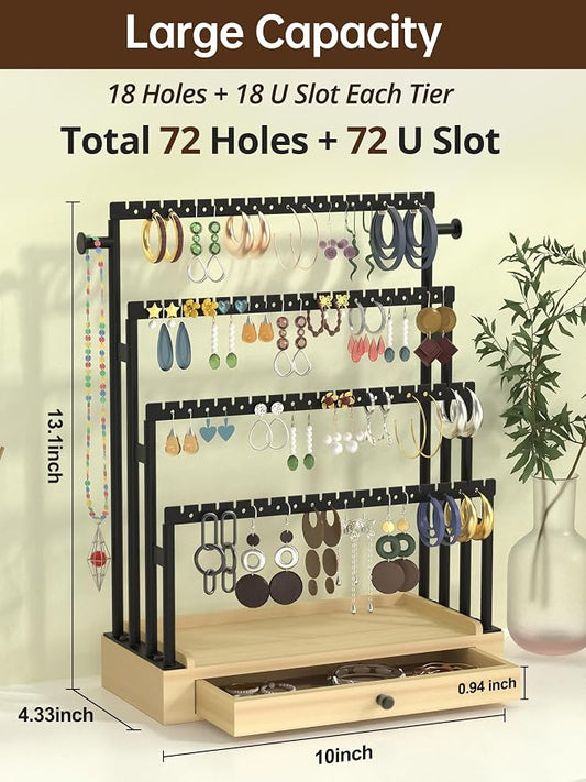 Earring Holder Organizer, 4-Tier Metal Jewelry Display Stand with Wooden Drawer, Large Earring Organizer for Studs, Hoops, and Dangles, Modern Earring Storage Rack for Vanity or Dresser