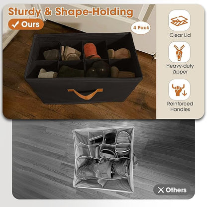 4 Pack Shoe Organizer for Closet,Foldable Shoe Storage Organizer with Adjustable Dividers, Shoe Storage Box with Clear Cover, Fits up to 16 Pairs, Black