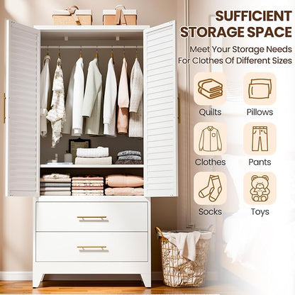 Metal Armoire Wardrobe Closet, 71" Clothing Storage Cabinets with Adjustable Hanging Rod and Shelves , Louvered Doors, 2 Side Hooks & 2 Drawers - Closet Cabinet for Bedroom, Laundry Room, Cloak Room