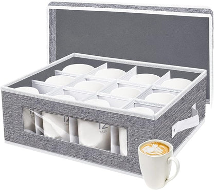 homyfort Mug Storage Box, China Storage Containers Organizer Hard Shell with Dividers for 12 Coffee Mugs, Tea Cup, Moving & Packing (Grey)