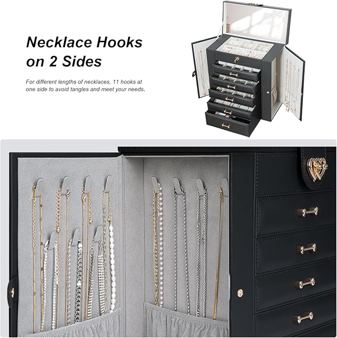 Large Jewelry Box,Jewelry Organizer Box with 5 Drawers,6-Tier Jewelry Holder Organizers Jewelry Storage Case with Mirror,Jewelry Boxes for Women (Black)