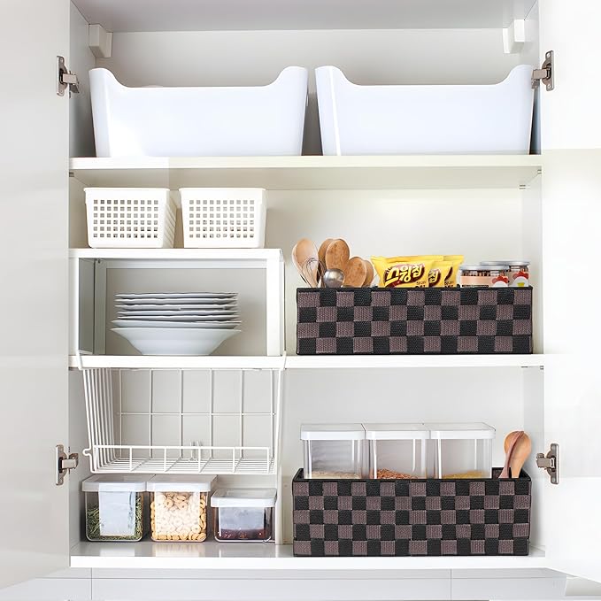 2-Pack Checker Pattern Woven Bins, 16” Ribbon Metal Wire Desk Organizer, Drawer Dresser Baskets, Countertop Toilet Paper Storage Containers (Black & Brown)