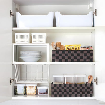 2-Pack Checker Pattern Woven Bins, 16” Ribbon Metal Wire Desk Organizer, Drawer Dresser Baskets, Countertop Toilet Paper Storage Containers (Black & Brown)