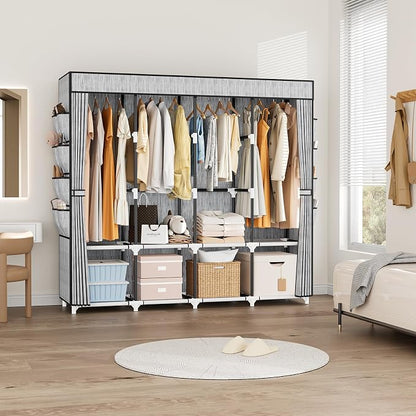Portable Closet for Hanging Clothes, 67 Inch Wide Portable Wardrobe Closet with Cover, 4 Hanging Rod, Storage Shelves and Side Pockets, Large Free Standing Closet for Bedroom, Printing