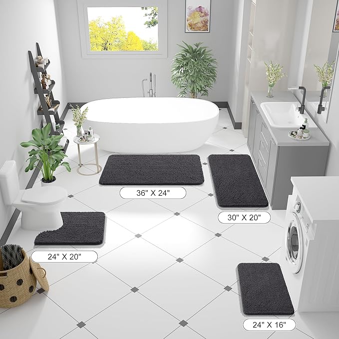 OLANLY Bathroom Runner Rugs 70x24, Soft Absorbent Chenille Bath Rugs, Rubber Backing Quick Dry, Machine Washable Long Bath Mats for Bathroom Floor, Tub and Shower, Home Decor Accessories, Dark Grey