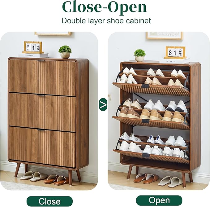 Narrow Shoe Cabinet Storage for Entryway,Slim Shoe Cabinet with 3 Flip Drawers, Fluted Shoes Rack Organizer (All Walnut, 3 Drawers)