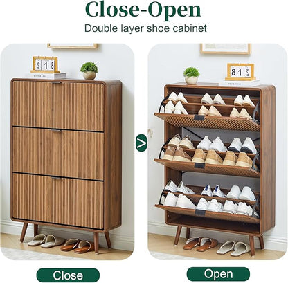 Narrow Shoe Cabinet Storage for Entryway,Slim Shoe Cabinet with 3 Flip Drawers, Fluted Shoes Rack Organizer (All Walnut, 3 Drawers)
