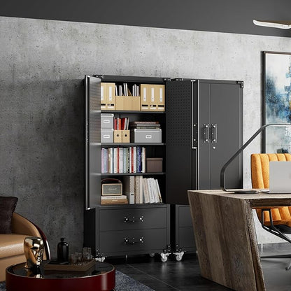 Garage Storage Cabinet with 2 Drawers and Pegboard, Metal Storage Cabinet with 2 Lockable Doors for Garage Home Office,Required Assembly,Black,71.2" H*15.2" D*30" W