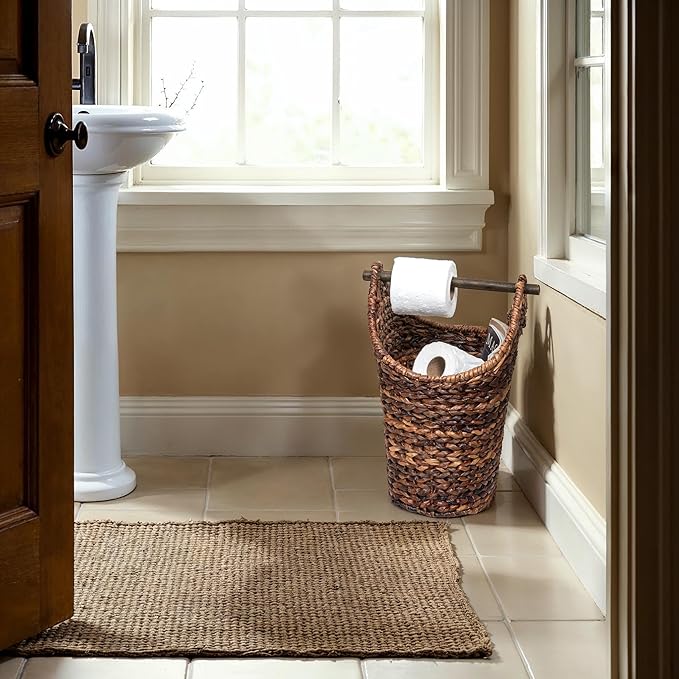 Creative Co-Op Boho Oval Braided Bankuan Bathroom Tissue/Toilet Paper Basket with Wood Handle, Brown