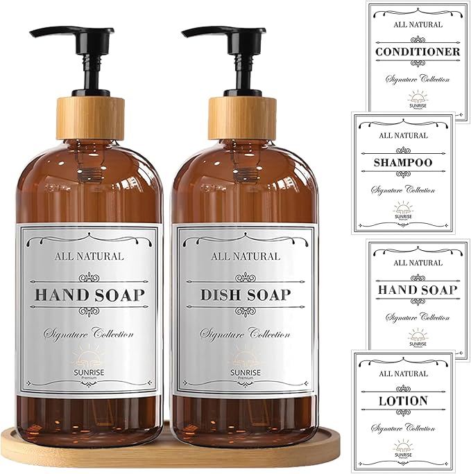 Sunrise Premium 16 OZ Thick Amber Glass Soap Dispenser, Bamboo Pump with Tray 2 Pack, Hand and Dish Soap Dispenser Set for Bathroom with 6 Waterproof Labels