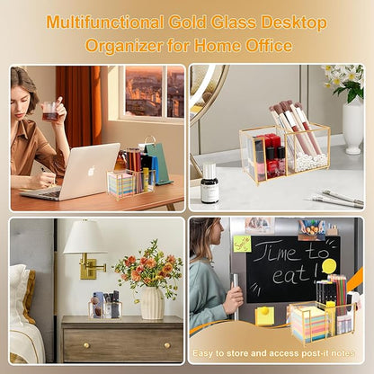 Glass Sticky Note Holder,2 Slots Post It Note Dispenser,Gold Desk Organizer for 3 x 3 Sticky Notes/Paper Clips/Book Clips,Stylish Post it Holder for Home Office Desk