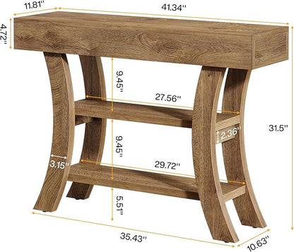 Tribesigns 41" Small Console Table for Entryway, 3-Tier Narrow Rustic Sofa Table with Storage Shelves and Curved Frame for Living Room, Entry, Hallway, Foyer (Oak Brown)