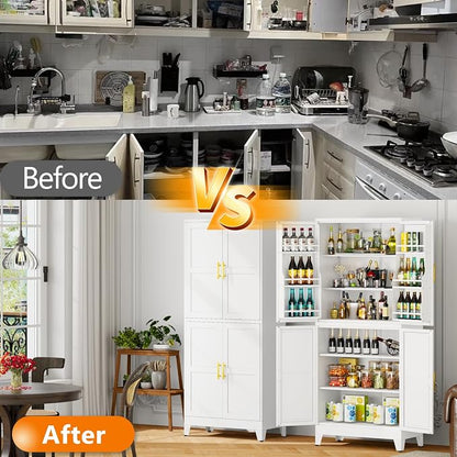GAIOUS 74.8" Tall Metal Food Cabinet, White Kitchen Pantry Cabinet, Storage Cabinets with 4 Door and 4 Adjustable Shelves, Steel Freestanding Cupboard for Kitchen Dining Room Living Room Bathroom